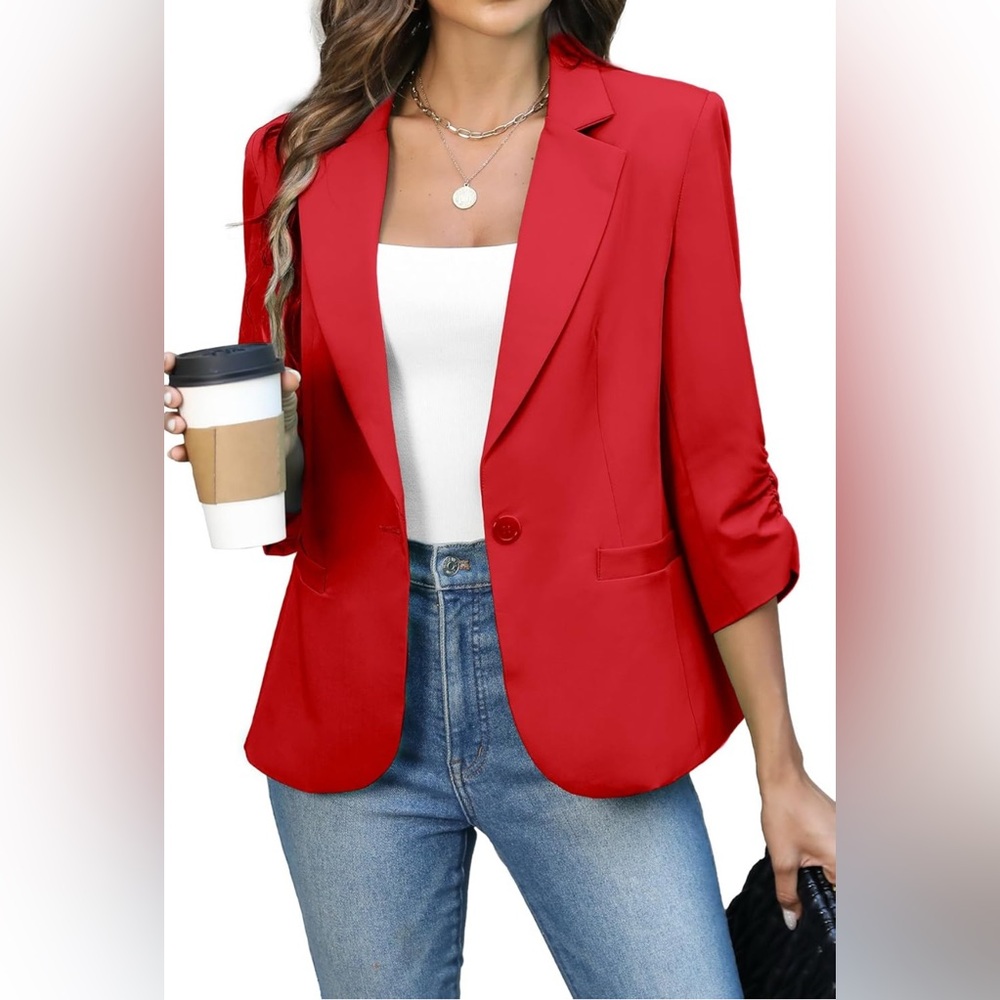 ELLEVEN Ruched 3/4 Sleeve Blazers Lightweight Slim Fit Jacket Padded Shoulder